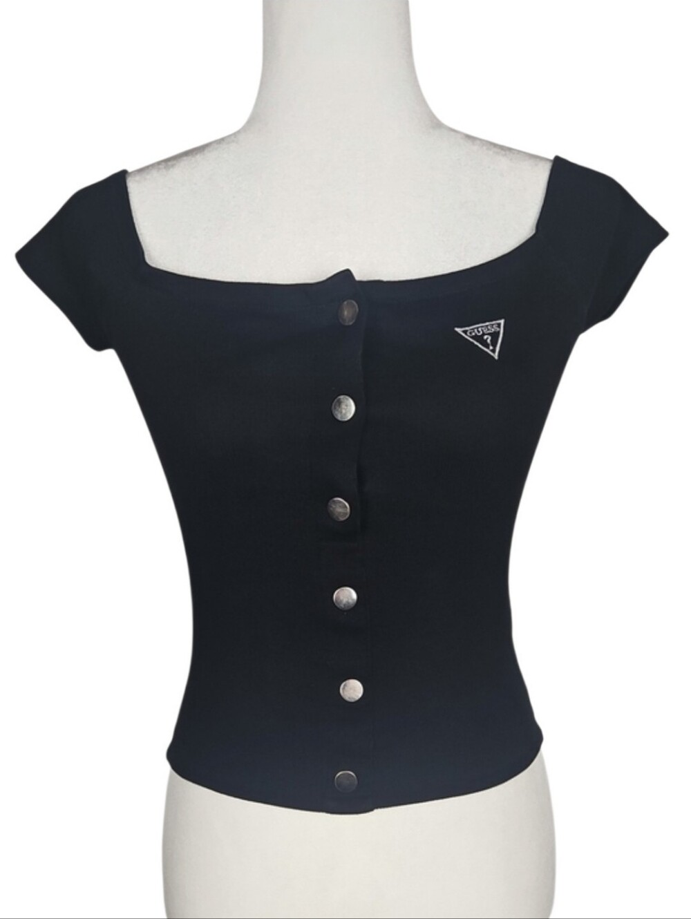 GUESS Y2K Black Off-Shoulder Button Front Crop Top Ribbed Casual Retro Women's S